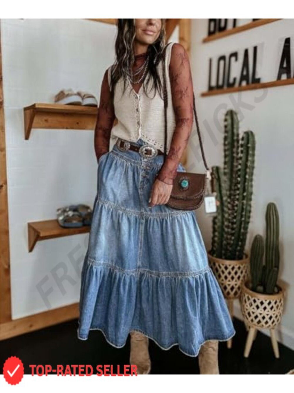 Women's High Waist Denim Maxi Skirt Button Boho Flowy Ruffle Swing A-Line Long - Picture 2 of 6